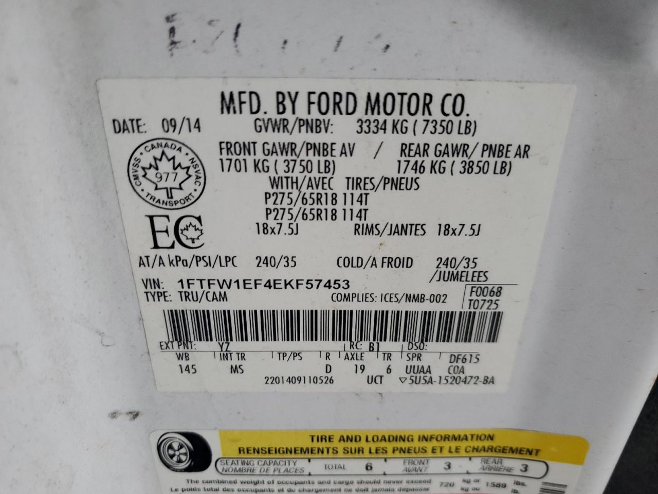 2014 Ford F150 Supercrew VIN: 1FTFW1EF4EKF57453 Lot: 64595165