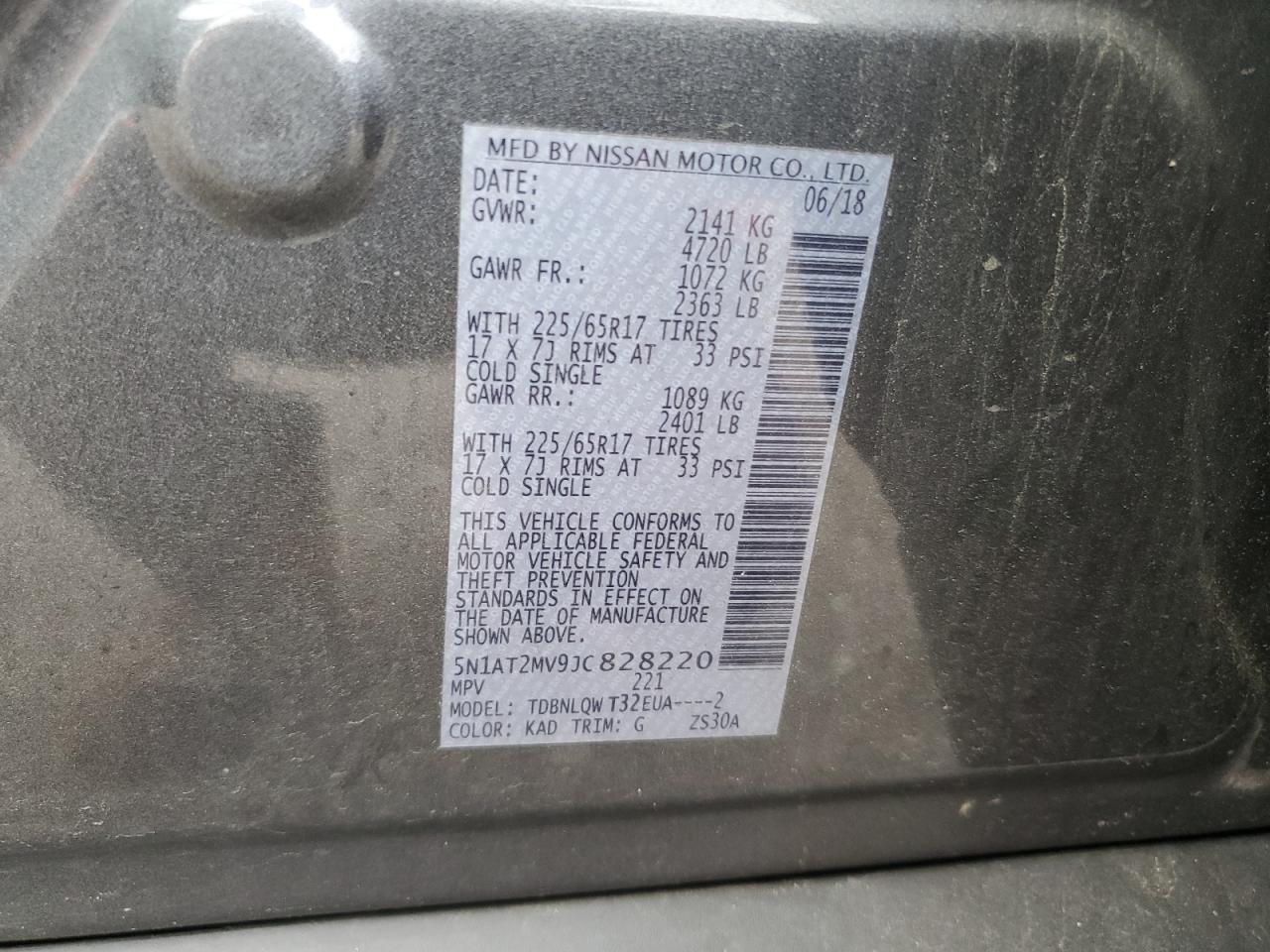 2018 Nissan Rogue S VIN: 5N1AT2MV9JC828220 Lot: 63178305