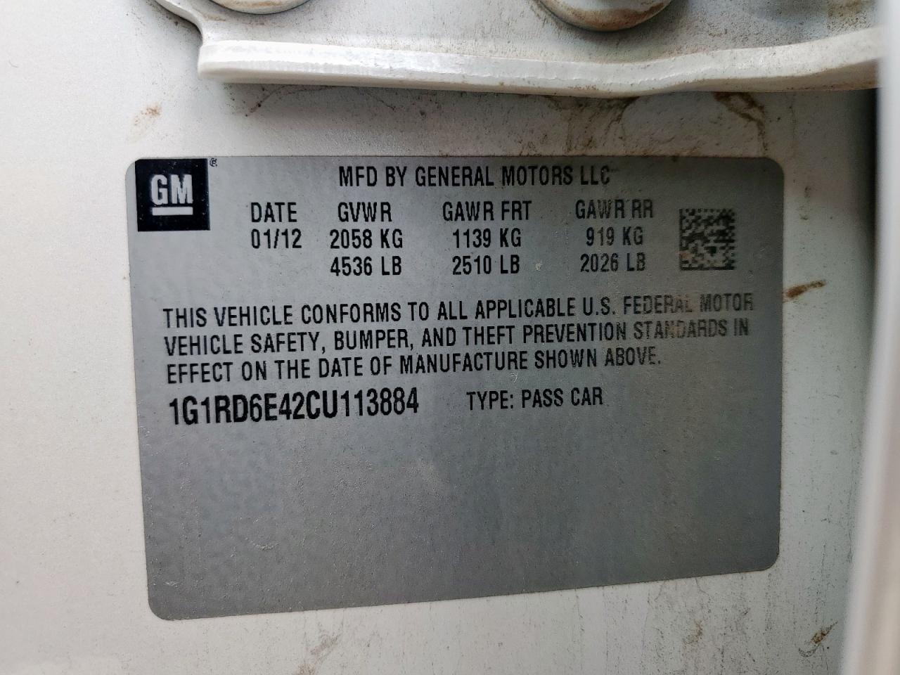 2012 Chevrolet Volt VIN: 1G1RD6E42CU113884 Lot: 64250215