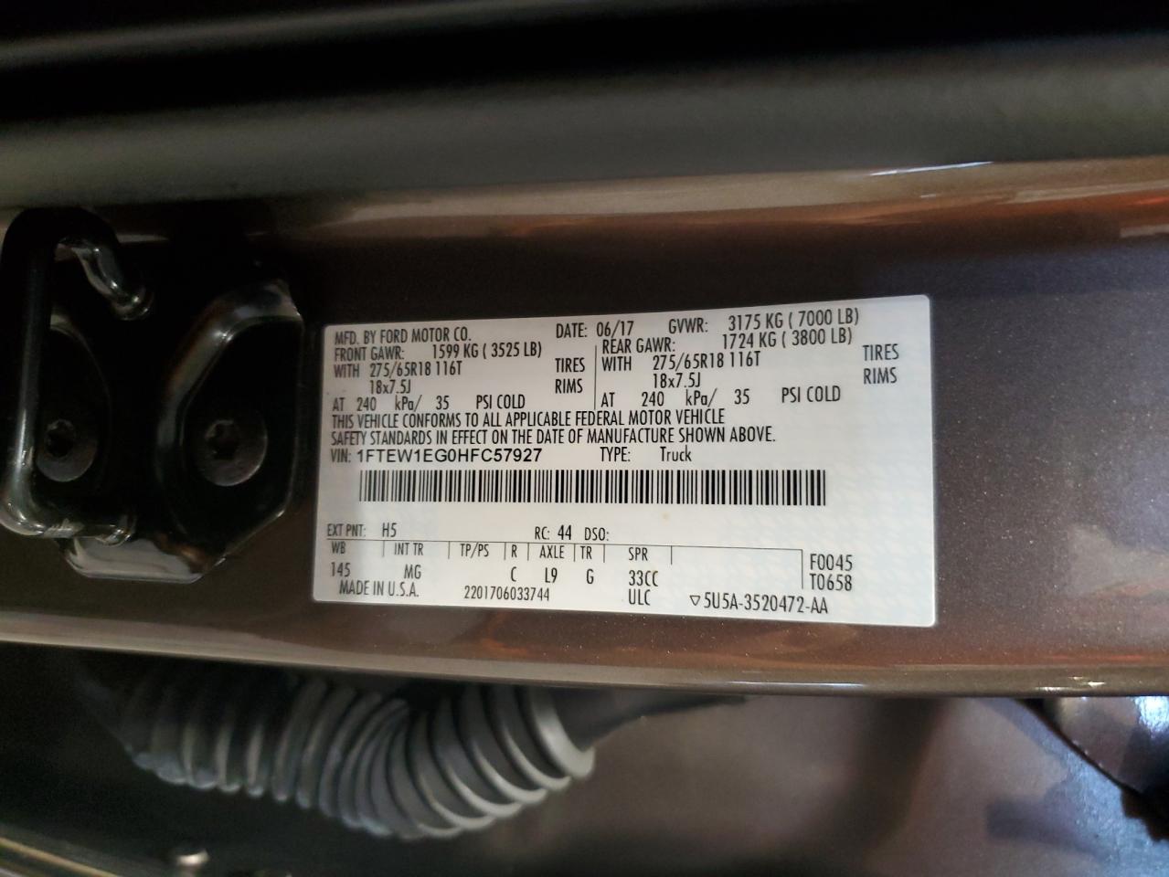 2017 Ford F150 Supercrew VIN: 1FTEW1EG0HFC57927 Lot: 66899005