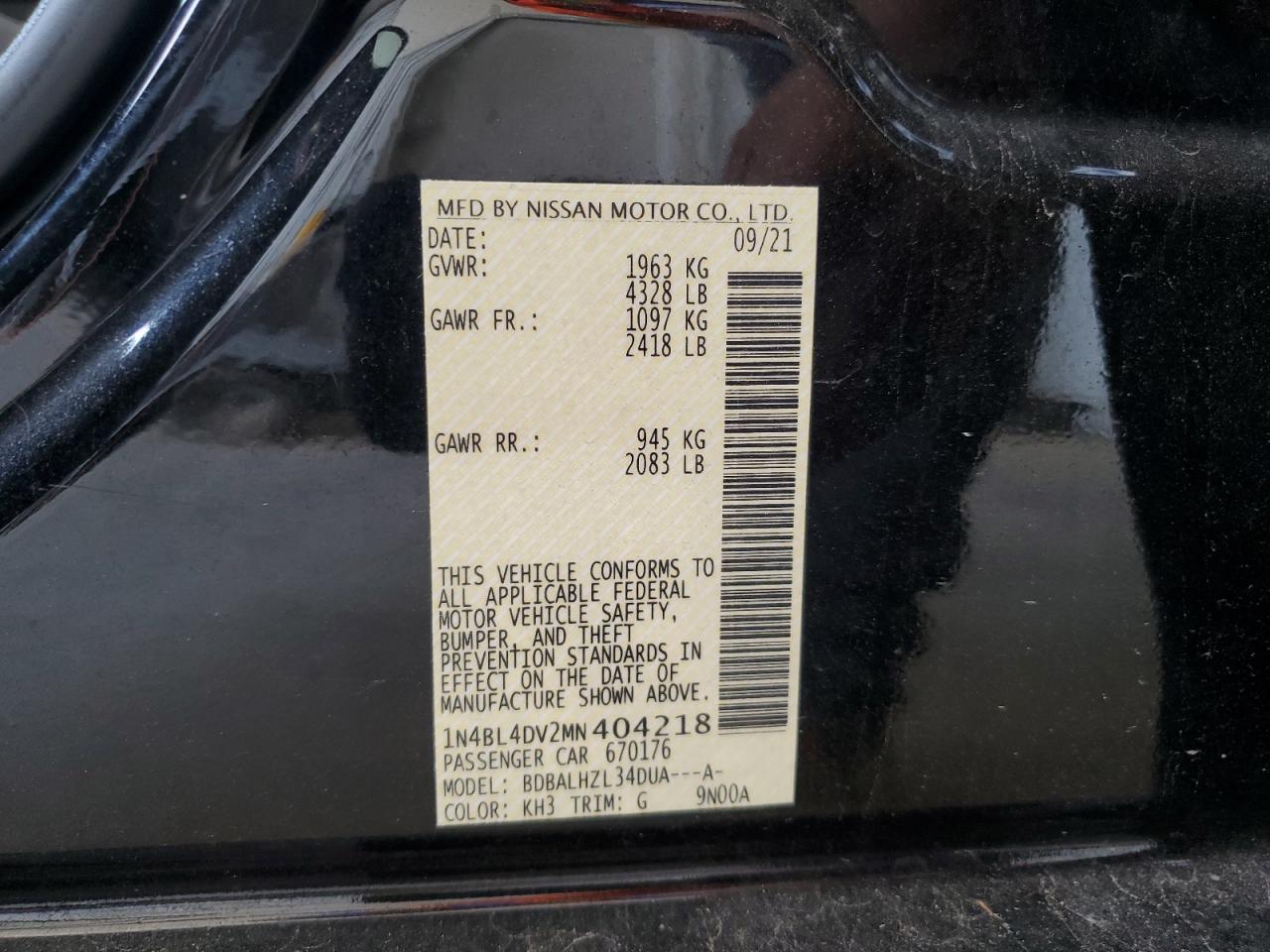 2021 Nissan Altima Sv VIN: 1N4BL4DV2MN404218 Lot: 62126615