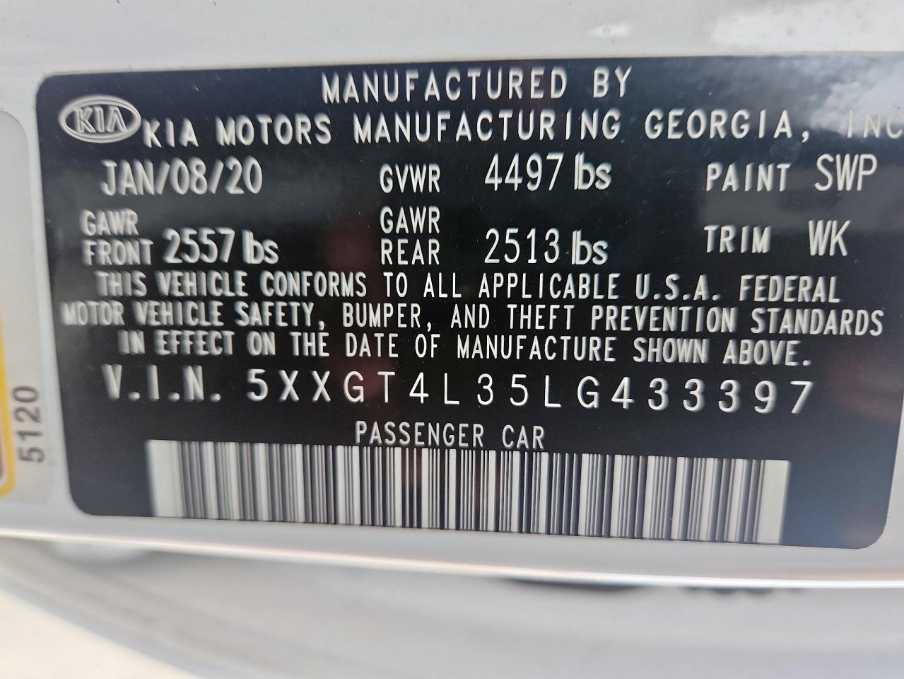 2020 Kia Optima Lx VIN: 5XXGT4L35LG433397 Lot: 64178125