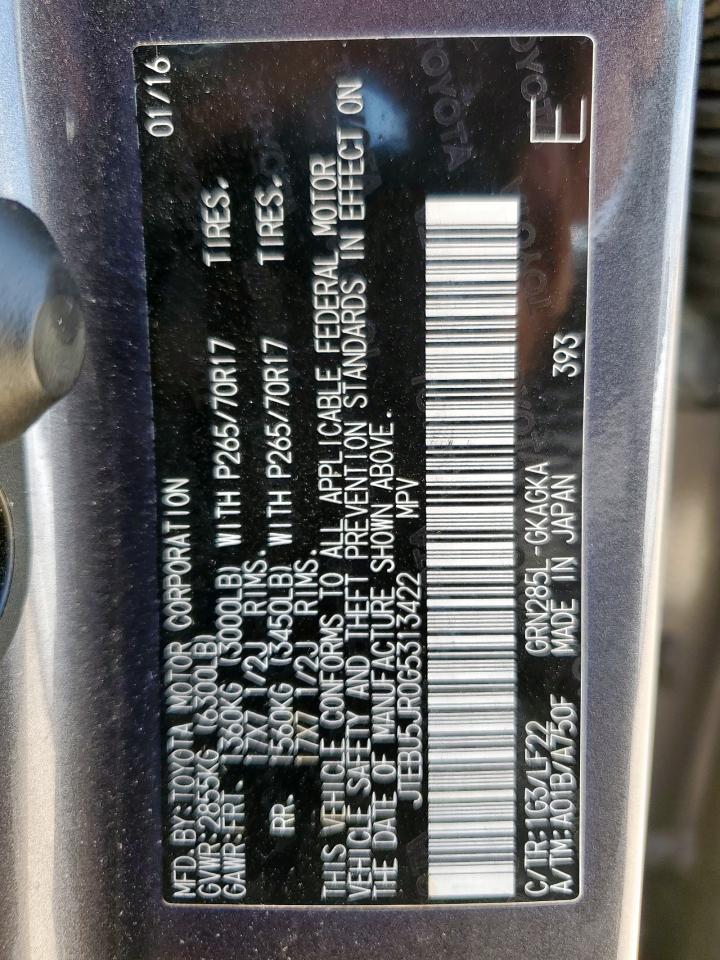 2016 Toyota 4Runner Sr5/Sr5 Premium VIN: JTEBU5JR0G5313422 Lot: 65731795