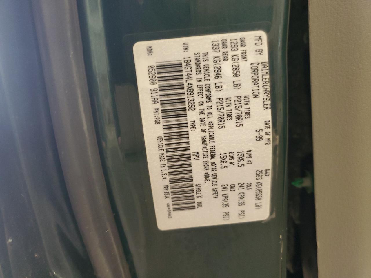 1999 Dodge Grand Caravan Se VIN: 1B4GT44L4XB913292 Lot: 63410075