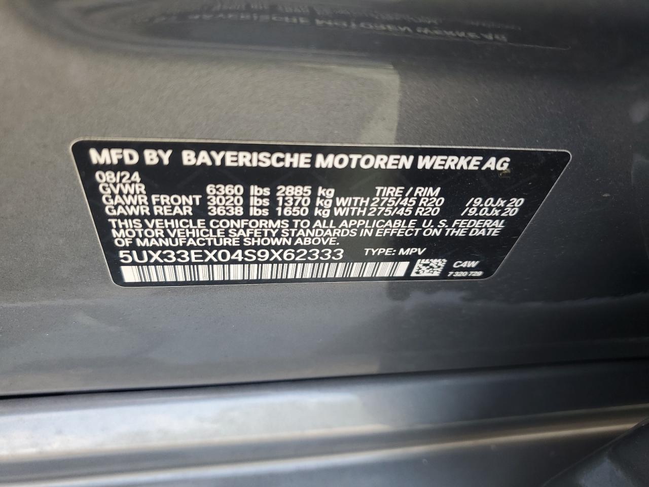 2025 BMW X6 xDrive40I VIN: 5UX33EX04S9X62333 Lot: 64239625