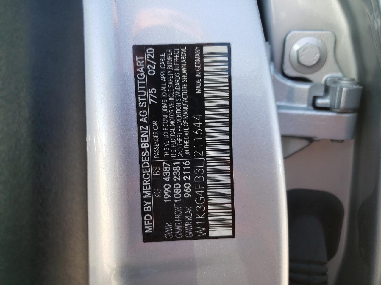 2020 Mercedes-Benz A 220 VIN: W1K3G4EB3LJ211644 Lot: 64851945