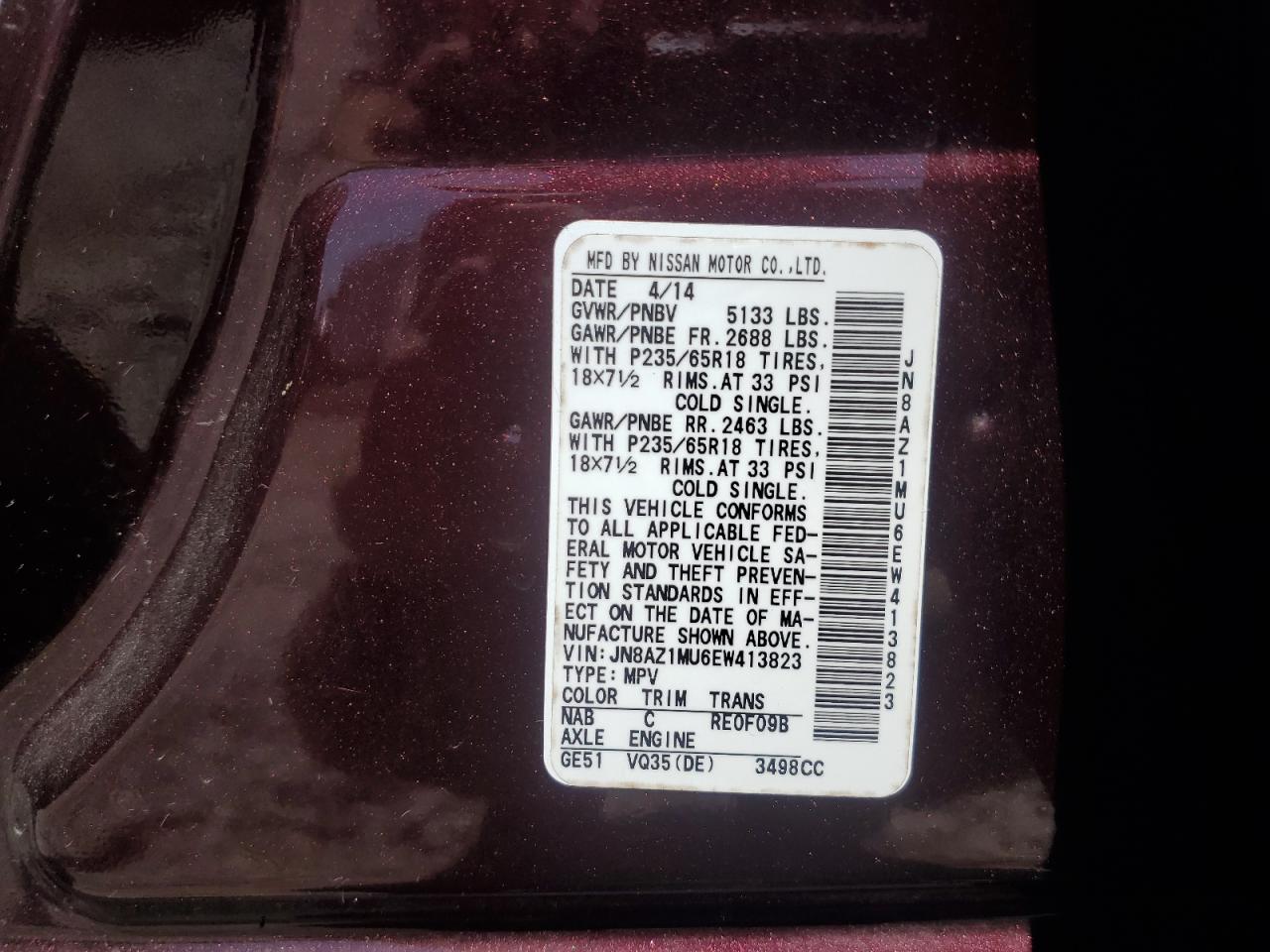 2014 Nissan Murano S VIN: JN8AZ1MU6EW413823 Lot: 64439825