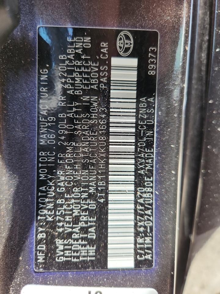 2019 Toyota Camry L VIN: 4T1B11HKXKU816643 Lot: 64717565