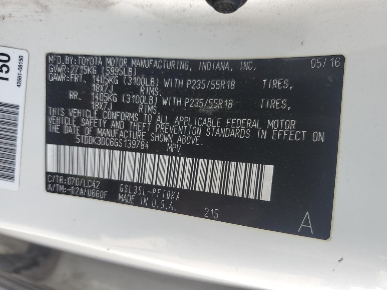 2016 Toyota Sienna Xle VIN: 5TDDK3DC6GS139784 Lot: 64321735
