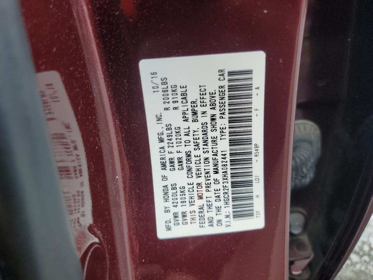 2017 Honda Accord Lx VIN: 1HGCR2F3XHA082441 Lot: 65050965