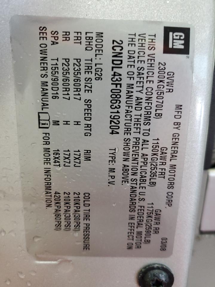 2008 Chevrolet Equinox Lt VIN: 2CNDL43F086319204 Lot: 64798215