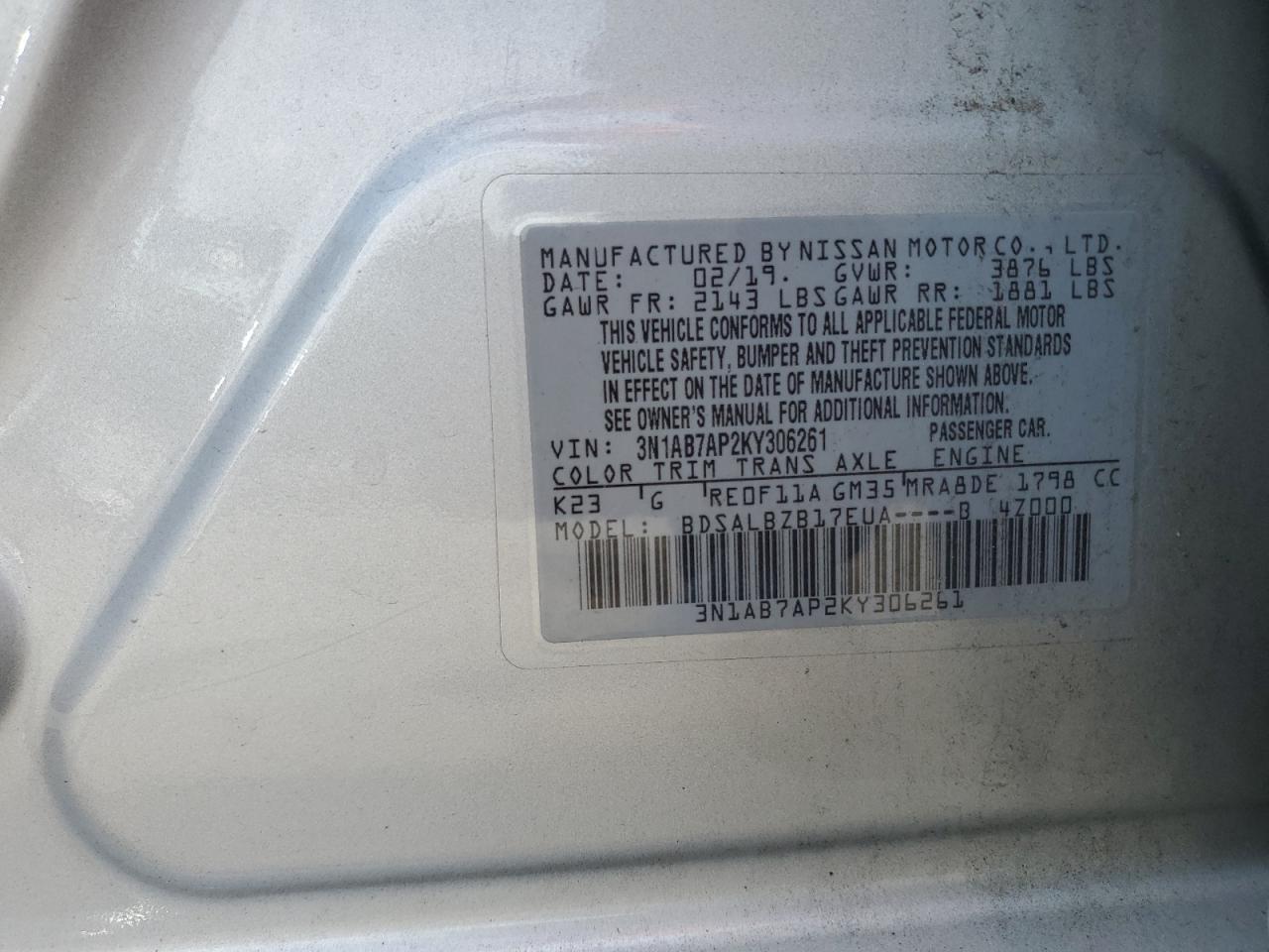 2019 Nissan Sentra S VIN: 3N1AB7AP2KY306261 Lot: 63500215