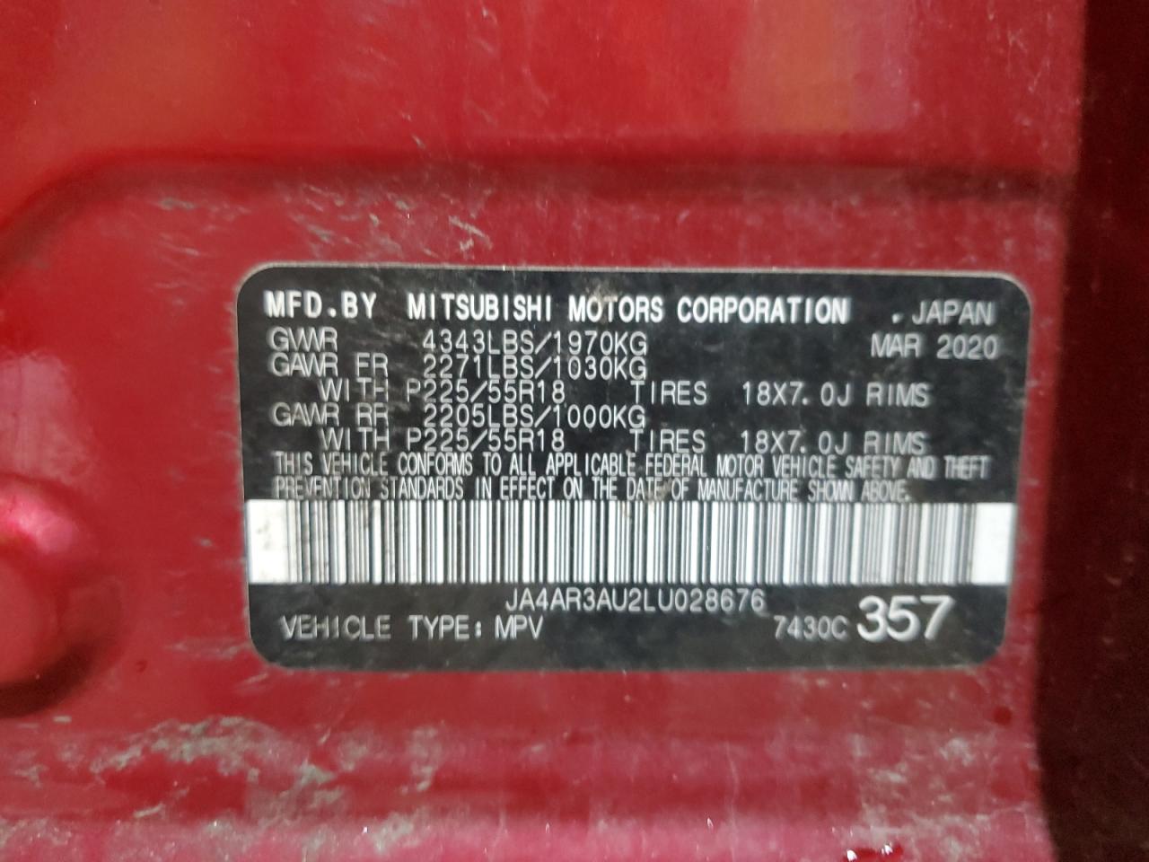 2020 Mitsubishi Outlander Sport Es VIN: JA4AR3AU2LU028676 Lot: 66925125