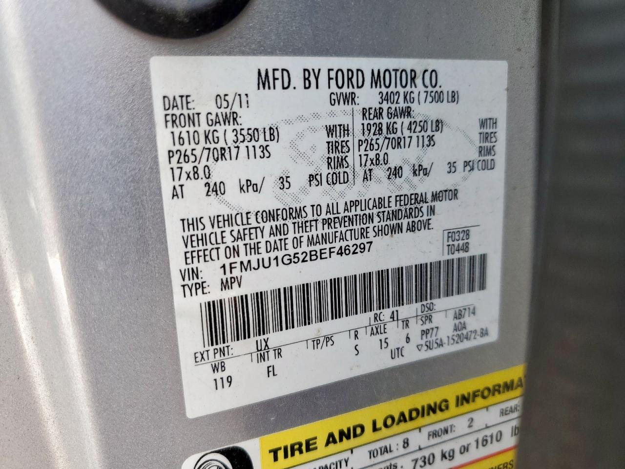 2011 Ford Expedition Xl VIN: 1FMJU1G52BEF46297 Lot: 66322445