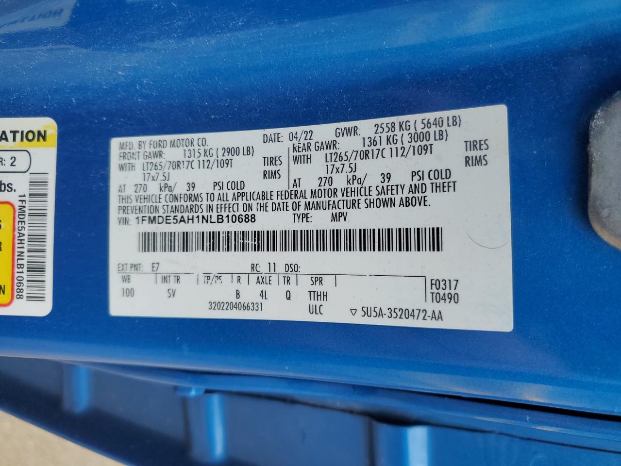 2022 Ford Bronco Base VIN: 1FMDE5AH1NLB10688 Lot: 64549905