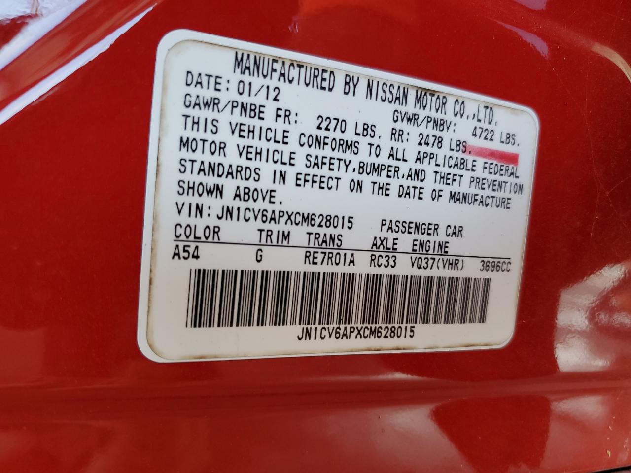 2012 Infiniti G37 Base VIN: JN1CV6APXCM628015 Lot: 64091545