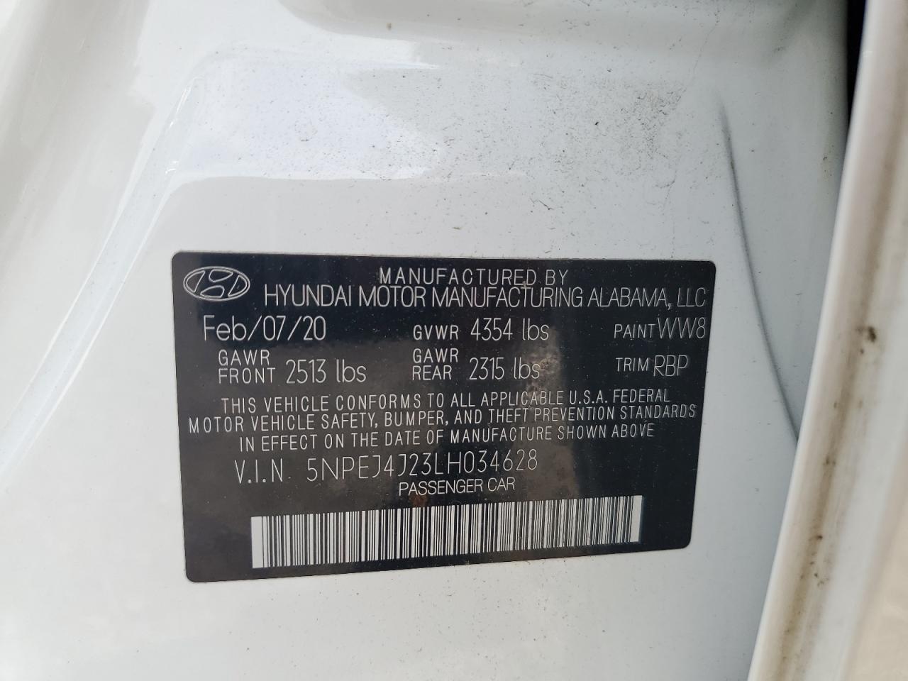2020 Hyundai Sonata Sel Plus VIN: 5NPEJ4J23LH034628 Lot: 63001325