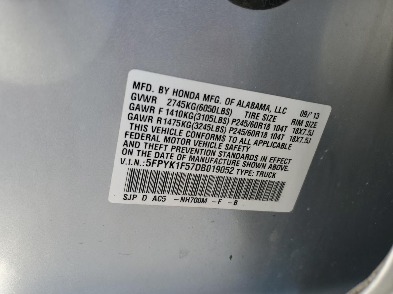 2013 Honda Ridgeline Rtl VIN: 5FPYK1F57DB019052 Lot: 63266495