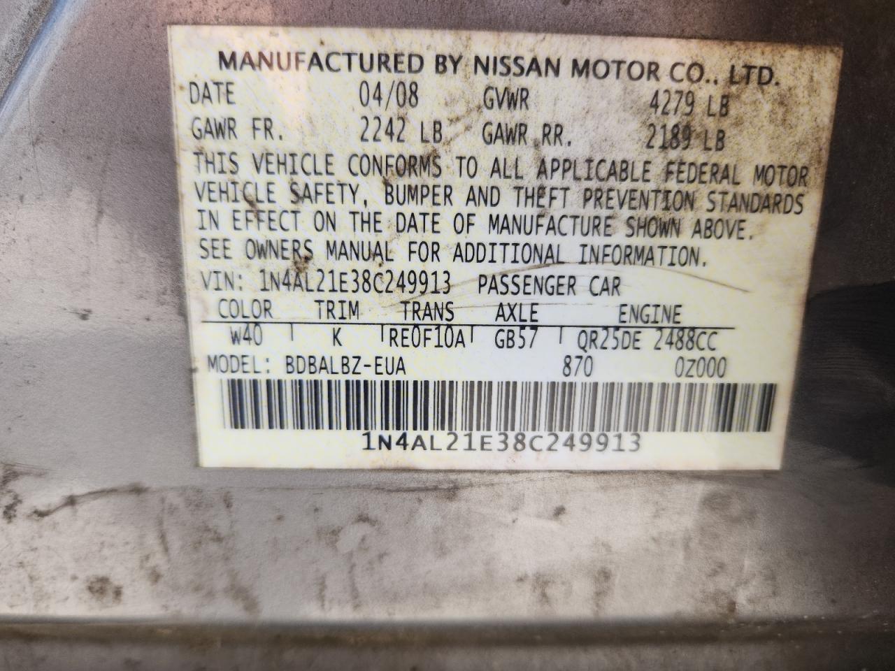 2008 Nissan Altima 2.5 VIN: 1N4AL21E38C249913 Lot: 64165045