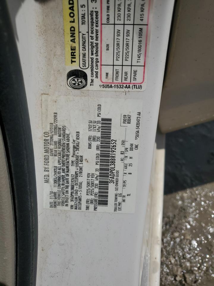 2011 Ford Fusion Hybrid VIN: 3FADP0L38BR192652 Lot: 65132675