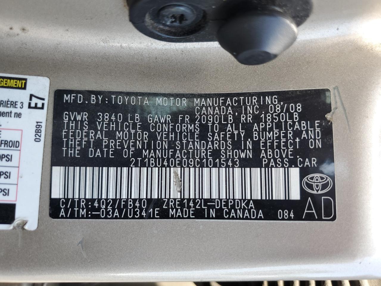 2009 Toyota Corolla Base VIN: 2T1BU40E09C101543 Lot: 65752575