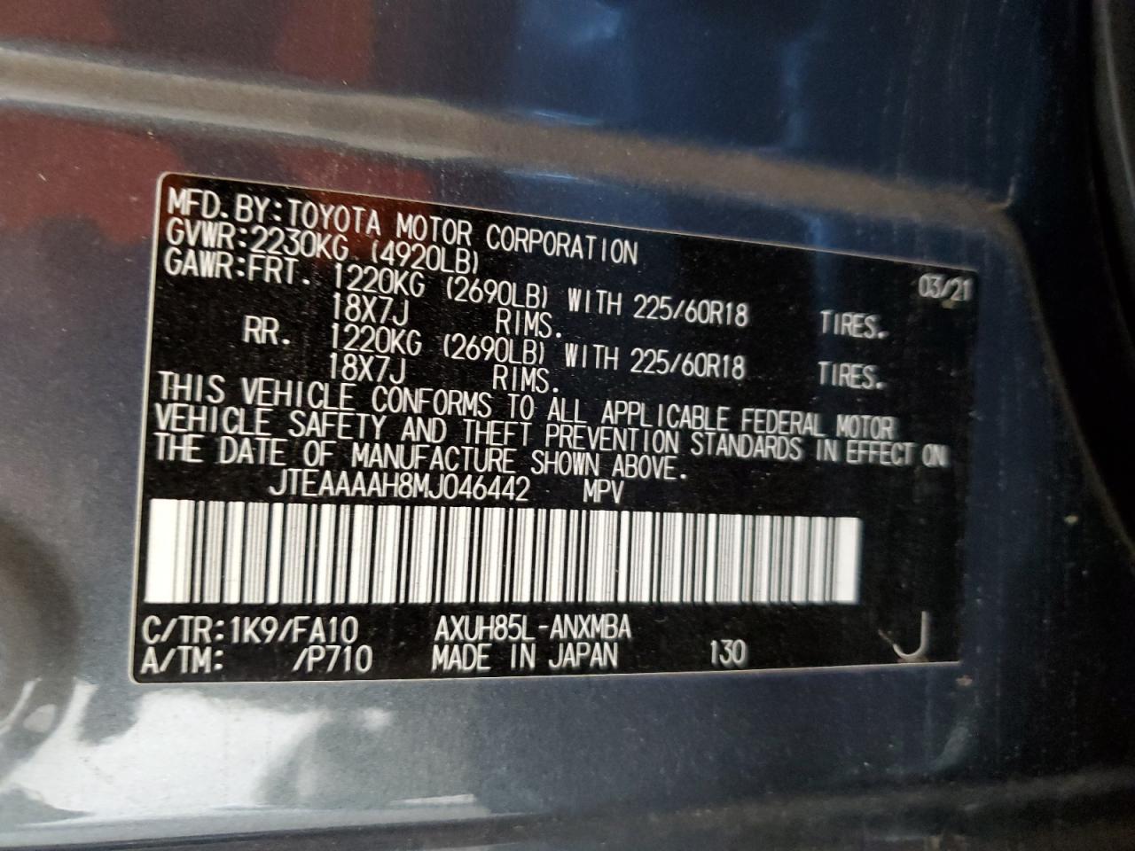 2021 Toyota Venza Le VIN: JTEAAAAH8MJ046442 Lot: 65388125
