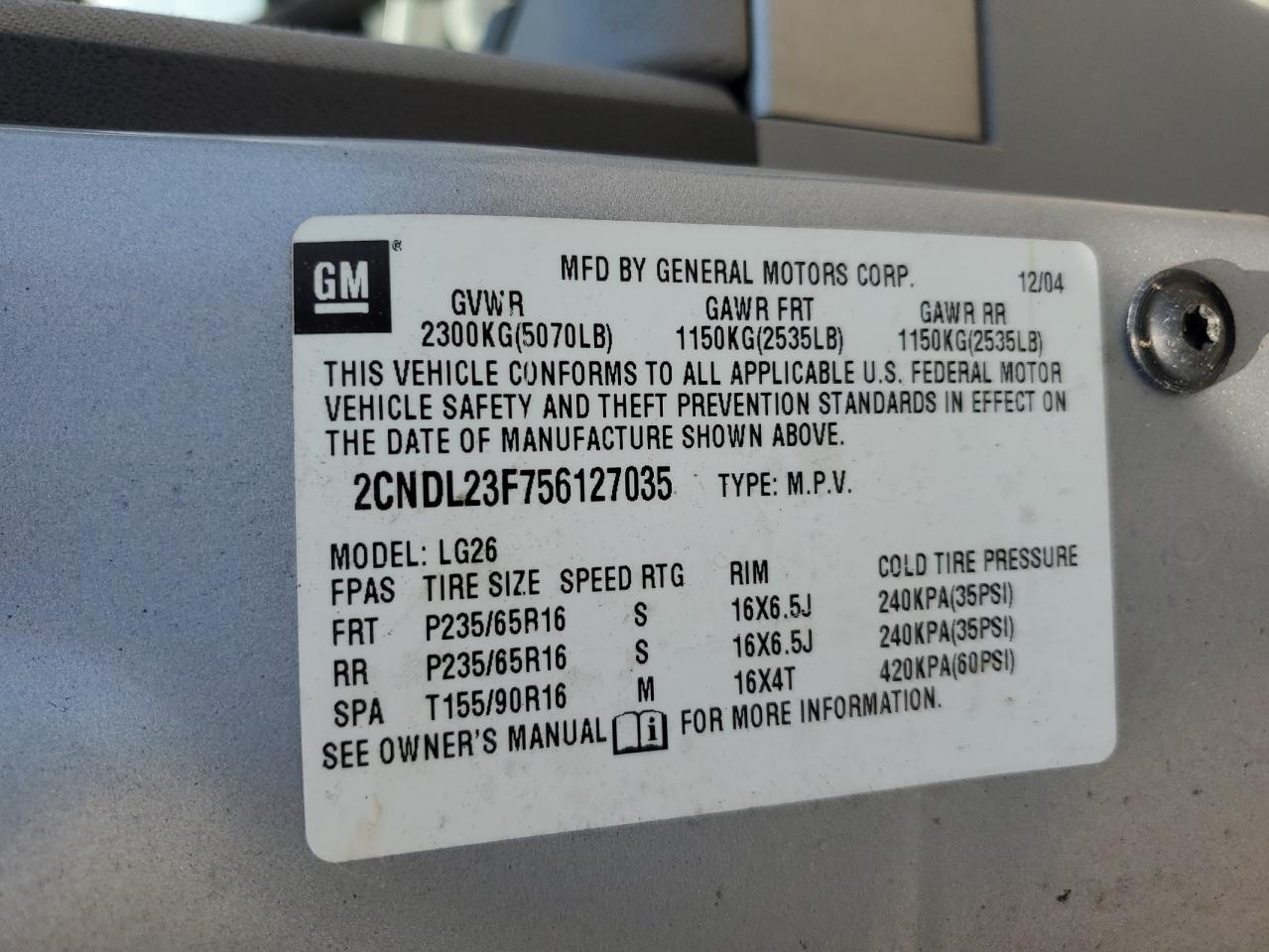 2005 Chevrolet Equinox Ls VIN: 2CNDL23F756127035 Lot: 65167155