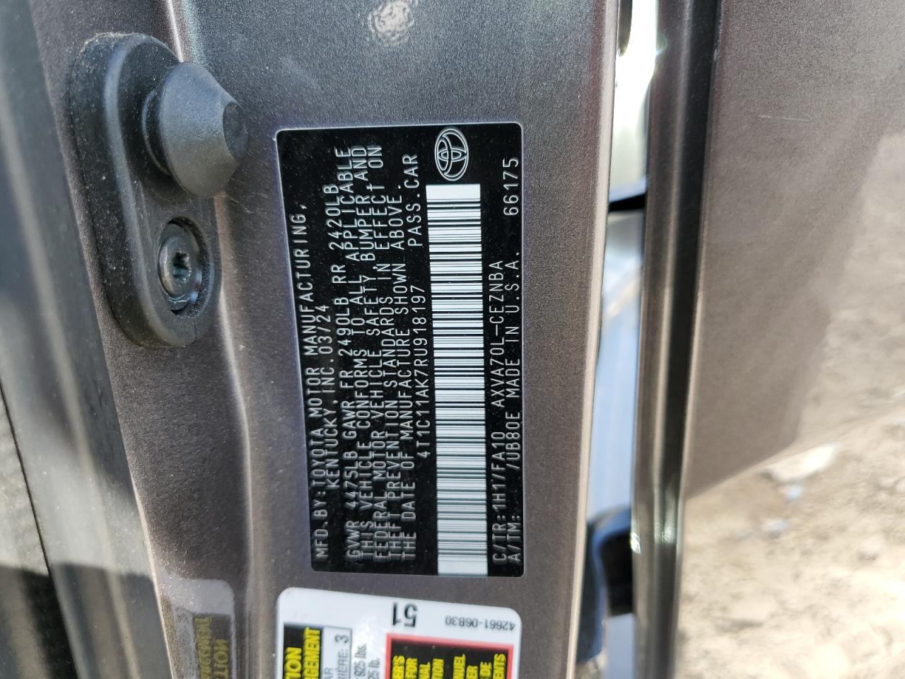 2024 Toyota Camry Le VIN: 4T1C11AK7RU918197 Lot: 65147335