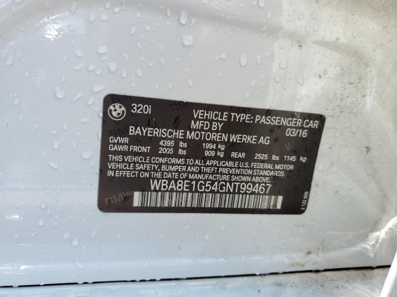 2016 BMW 320 I VIN: WBA8E1G54GNT99467 Lot: 63785305