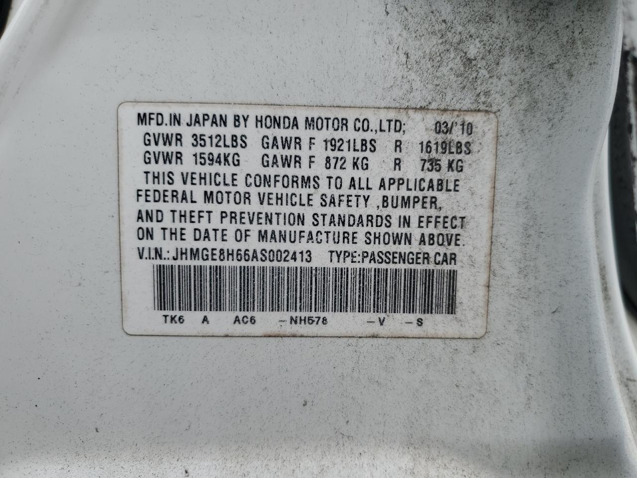 2010 Honda Fit Sport VIN: JHMGE8H66AS002413 Lot: 64516715