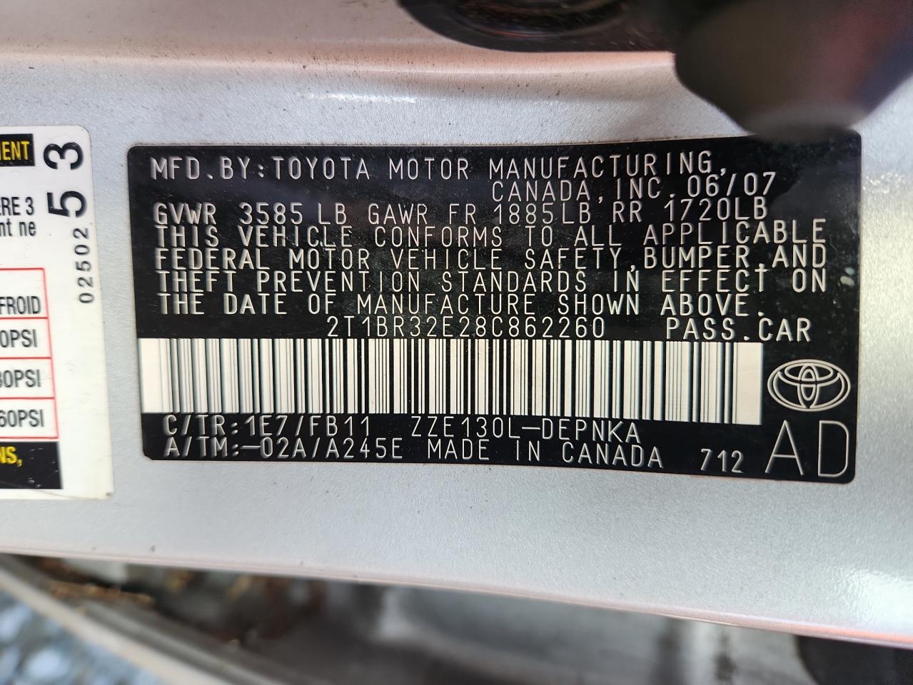 2t1br32e28c862260 2T1BR32E28C862260 2008 Toyota Corolla Ce