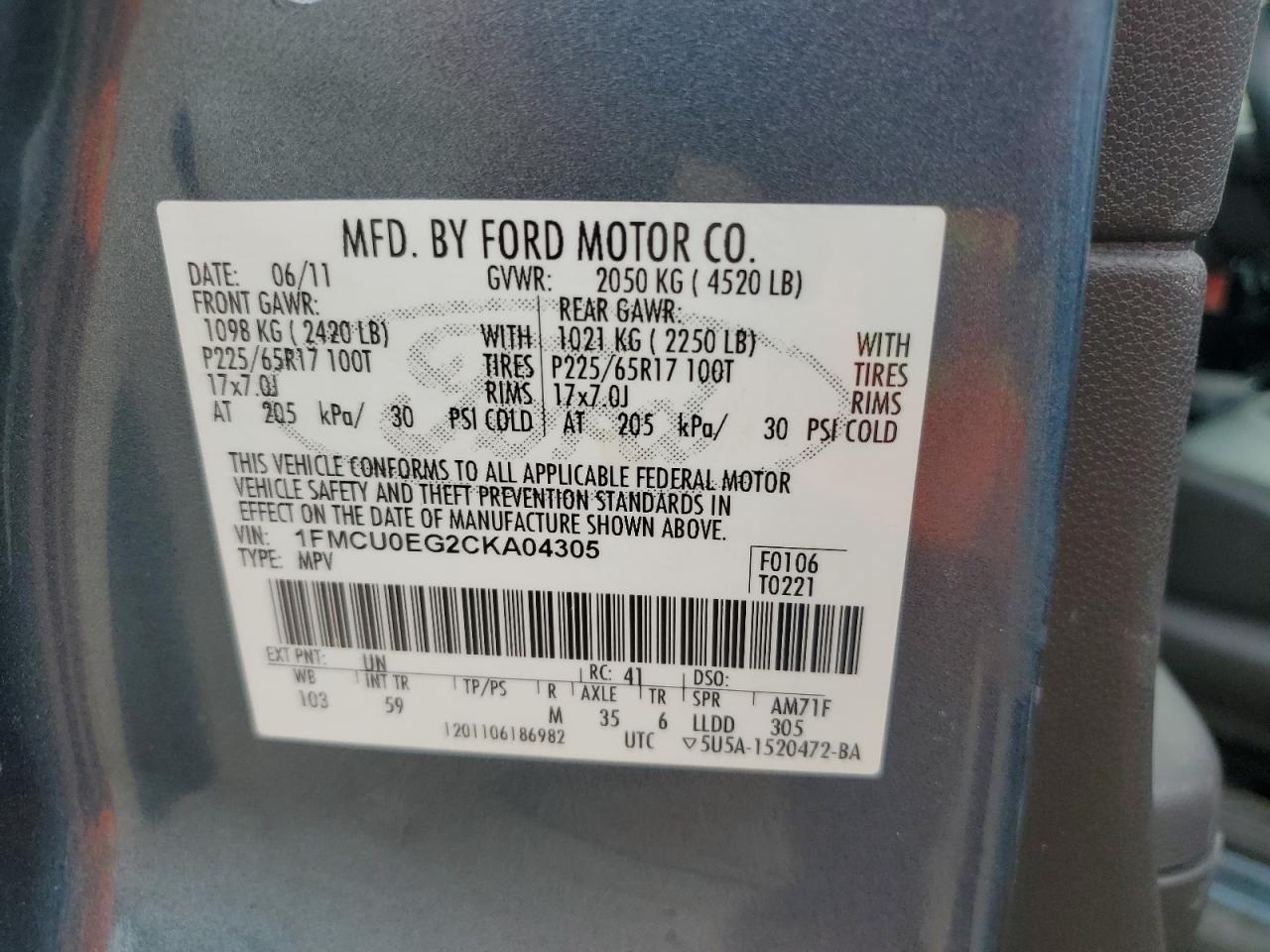 2012 Ford Escape Limited VIN: 1FMCU0EG2CKA04305 Lot: 64989585