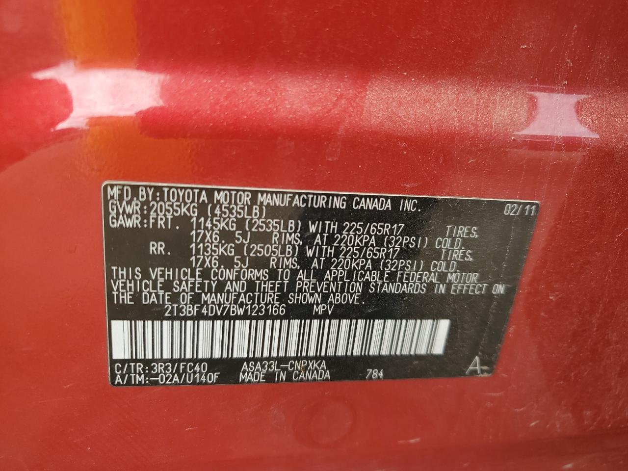 2011 Toyota Rav4 VIN: 2T3BF4DV7BW123166 Lot: 64757825