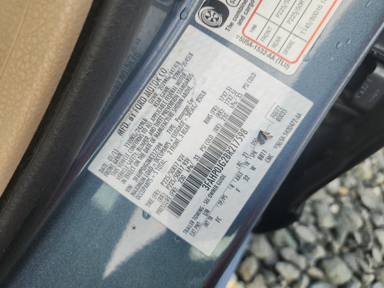 2011 Ford Fusion Sel VIN: 3FAHP0JG2BR217598 Lot: 64963845