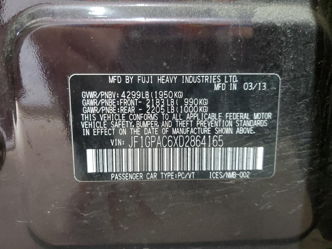 2013 Subaru Impreza Premium VIN: JF1GPAC6XD2864165 Lot: 63376075