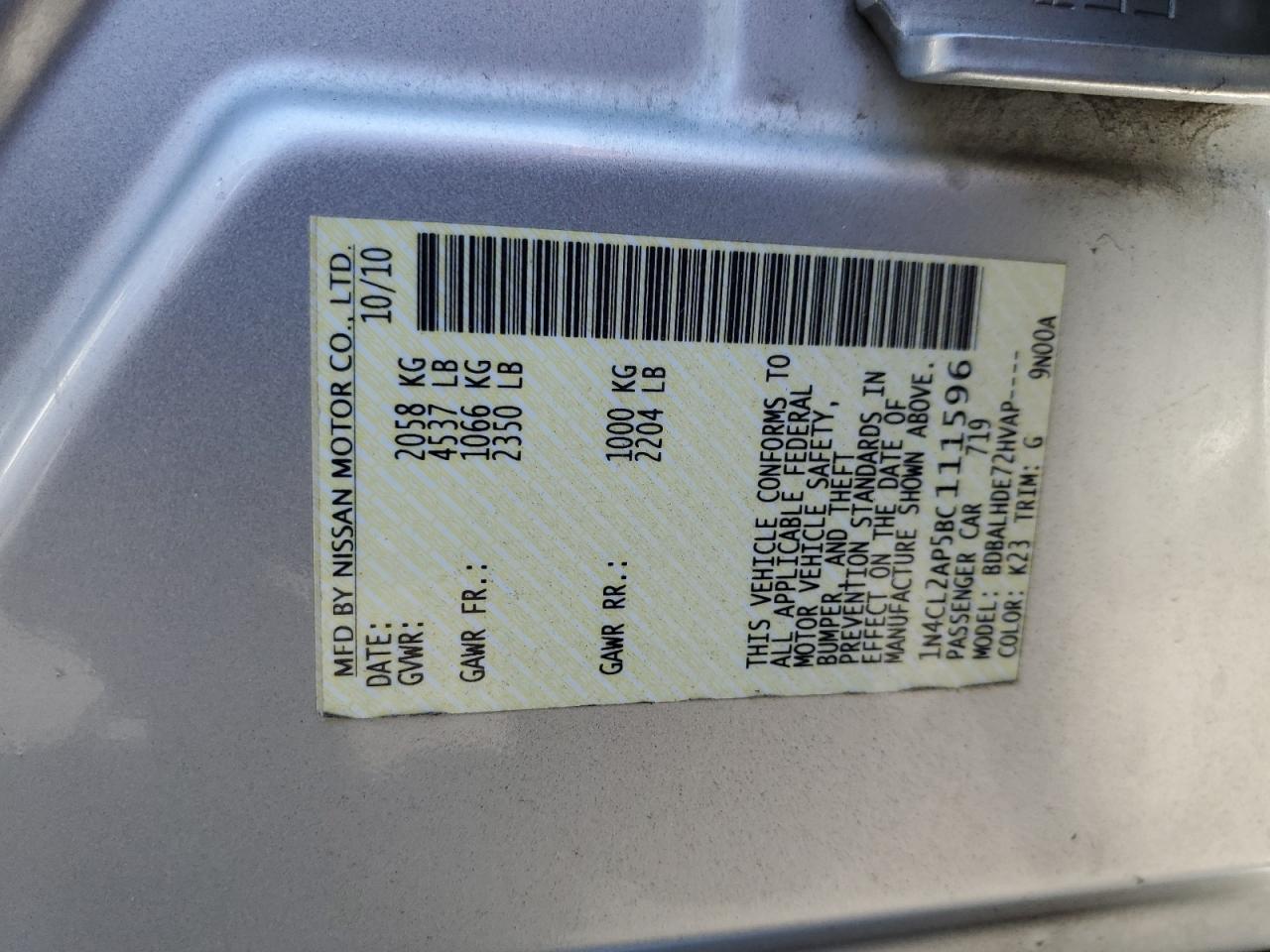 2011 Nissan Altima Hybrid VIN: 1N4CL2AP5BC111596 Lot: 64600855