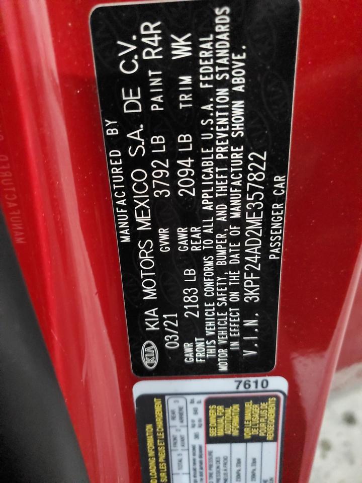 2021 Kia Forte Fe VIN: 3KPF24AD2ME357822 Lot: 62790355
