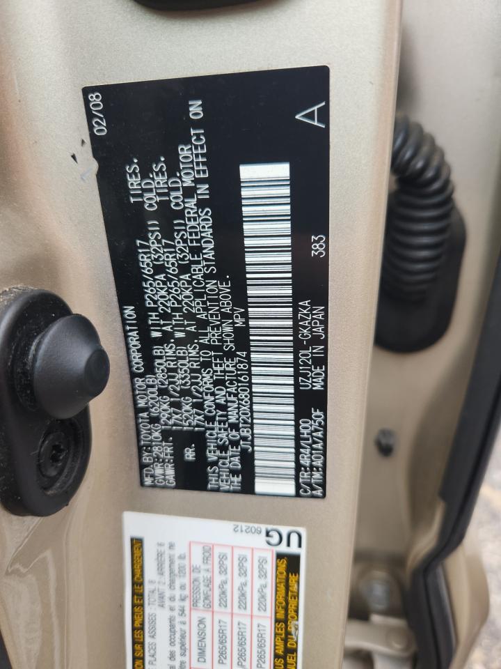 2008 Lexus Gx 470 VIN: JTJBT20X680161874 Lot: 66442145