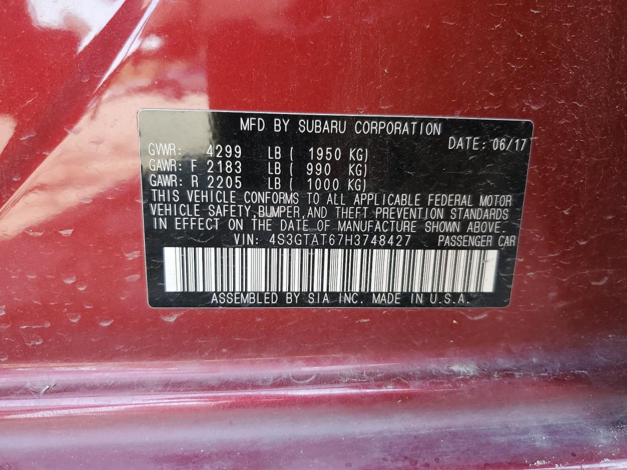 2017 Subaru Impreza Limited VIN: 4S3GTAT67H3748427 Lot: 65471845