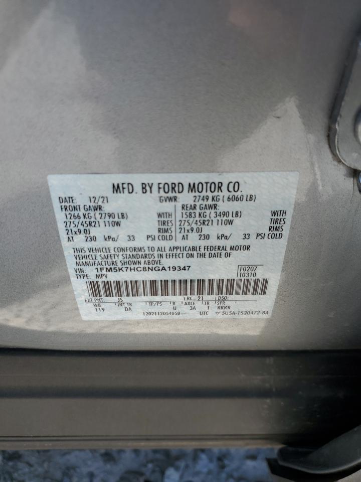 2022 Ford Explorer Platinum VIN: 1FM5K7HC8NGA19347 Lot: 62957975