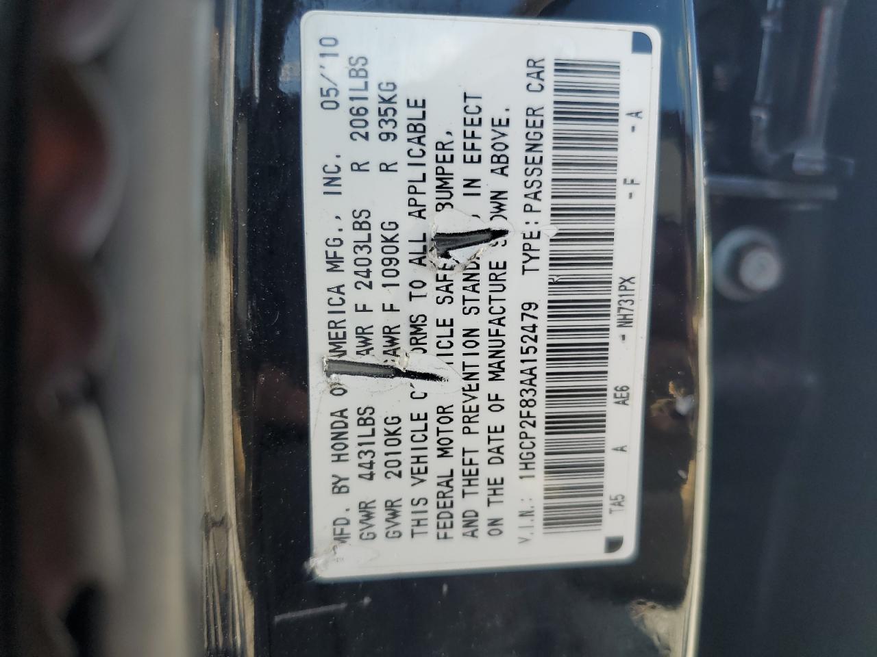 2010 Honda Accord Exl VIN: 1HGCP2F83AA152479 Lot: 66478565
