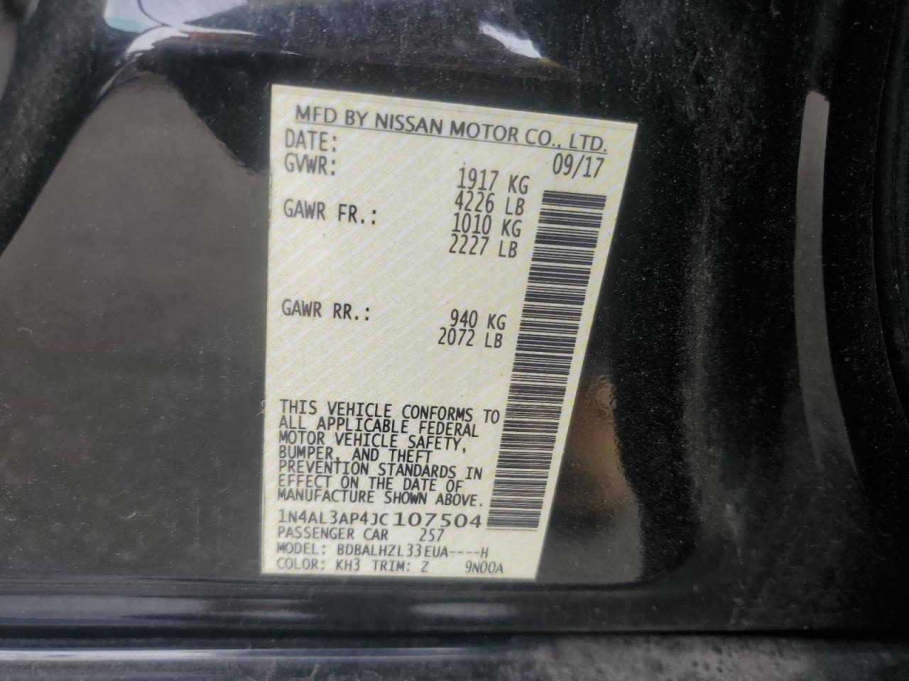2018 Nissan Altima 2.5 VIN: 1N4AL3AP4JC107504 Lot: 63205385