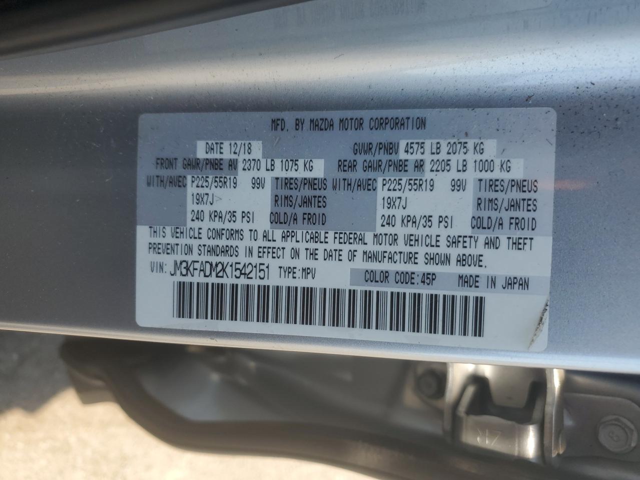 2019 Mazda Cx-5 Grand Touring VIN: JM3KFADM2K1542151 Lot: 63262455