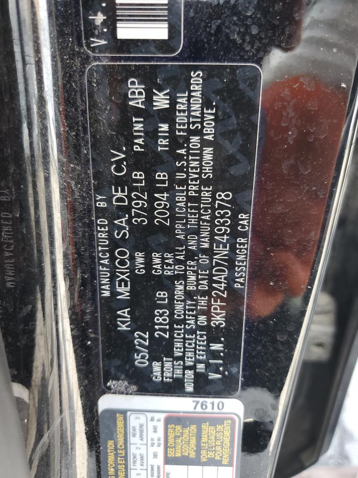 2022 Kia Forte Fe VIN: 3KPF24AD7NE493378 Lot: 61752395