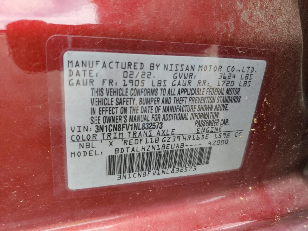2022 Nissan Versa Sr VIN: 3N1CN8FV1NL832573 Lot: 63704005
