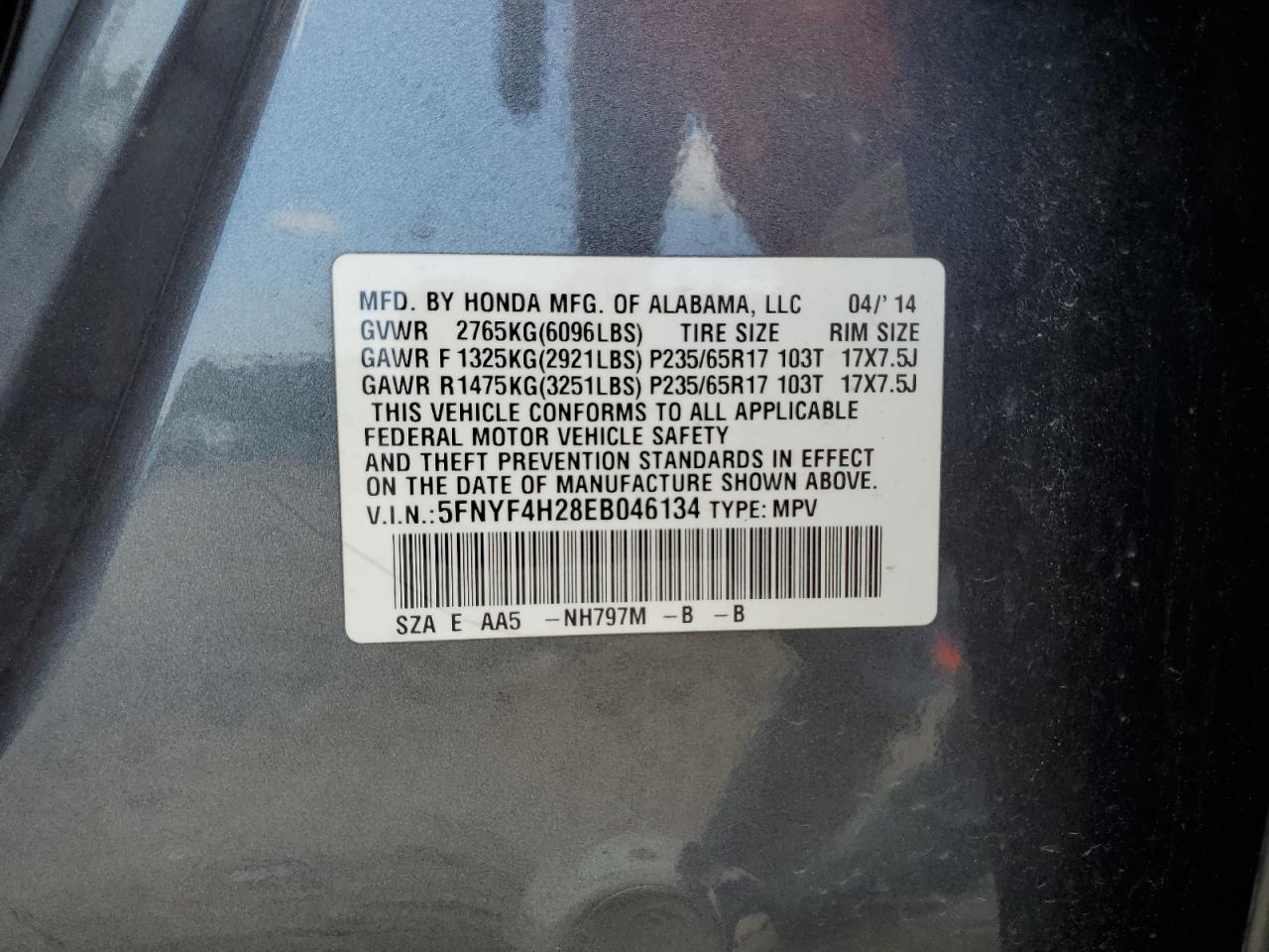 2014 Honda Pilot Lx VIN: 5FNYF4H28EB046134 Lot: 66297005