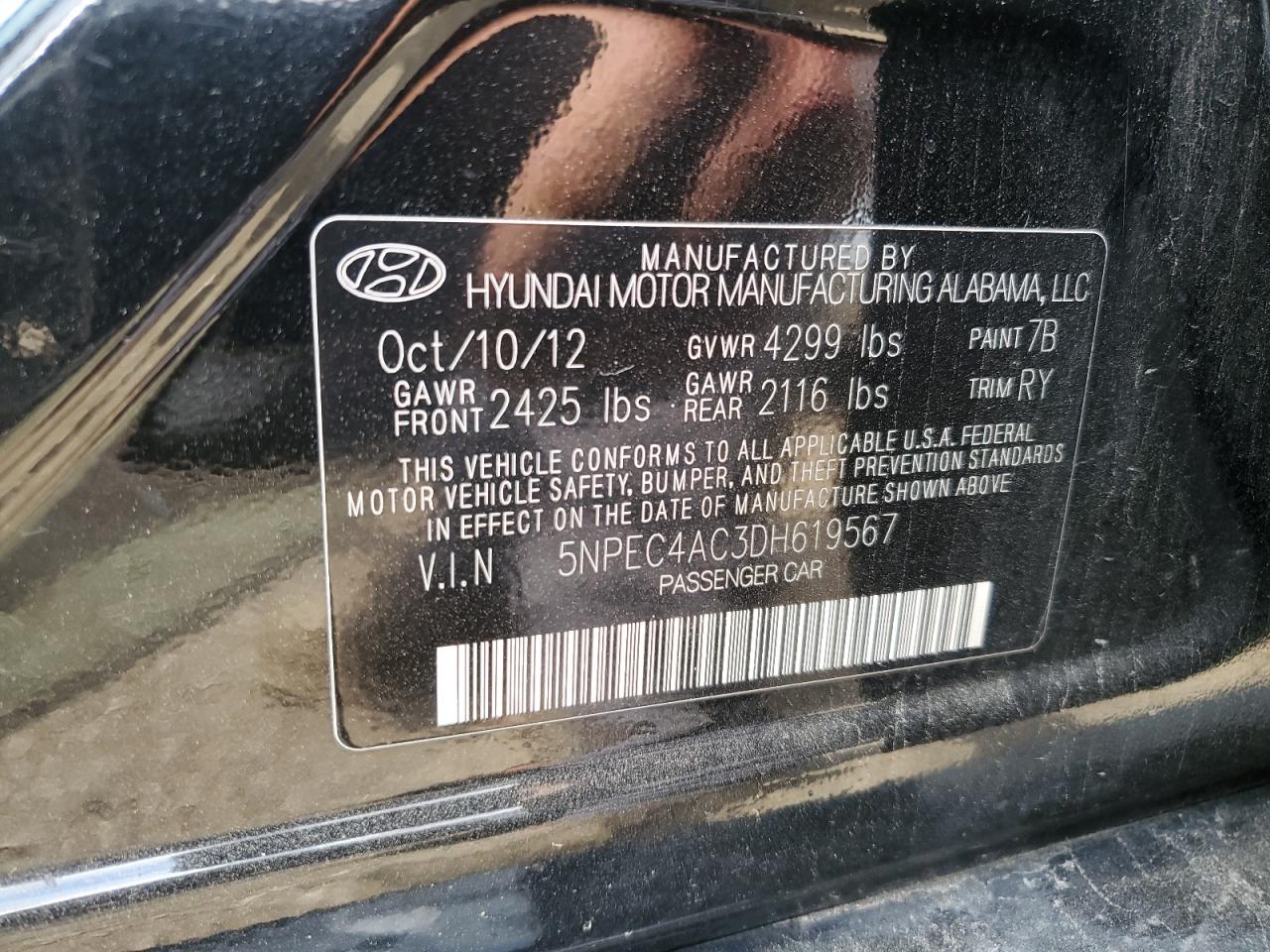 2013 Hyundai Sonata Se VIN: 5NPEC4AC3DH619567 Lot: 64056485