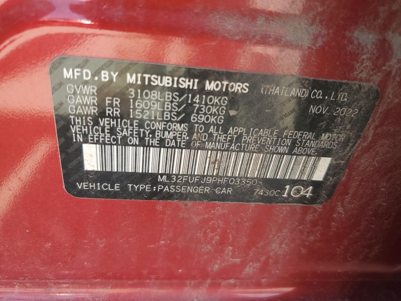 2023 Mitsubishi Mirage G4 Es VIN: ML32FUFJ9PHF03350 Lot: 63058575