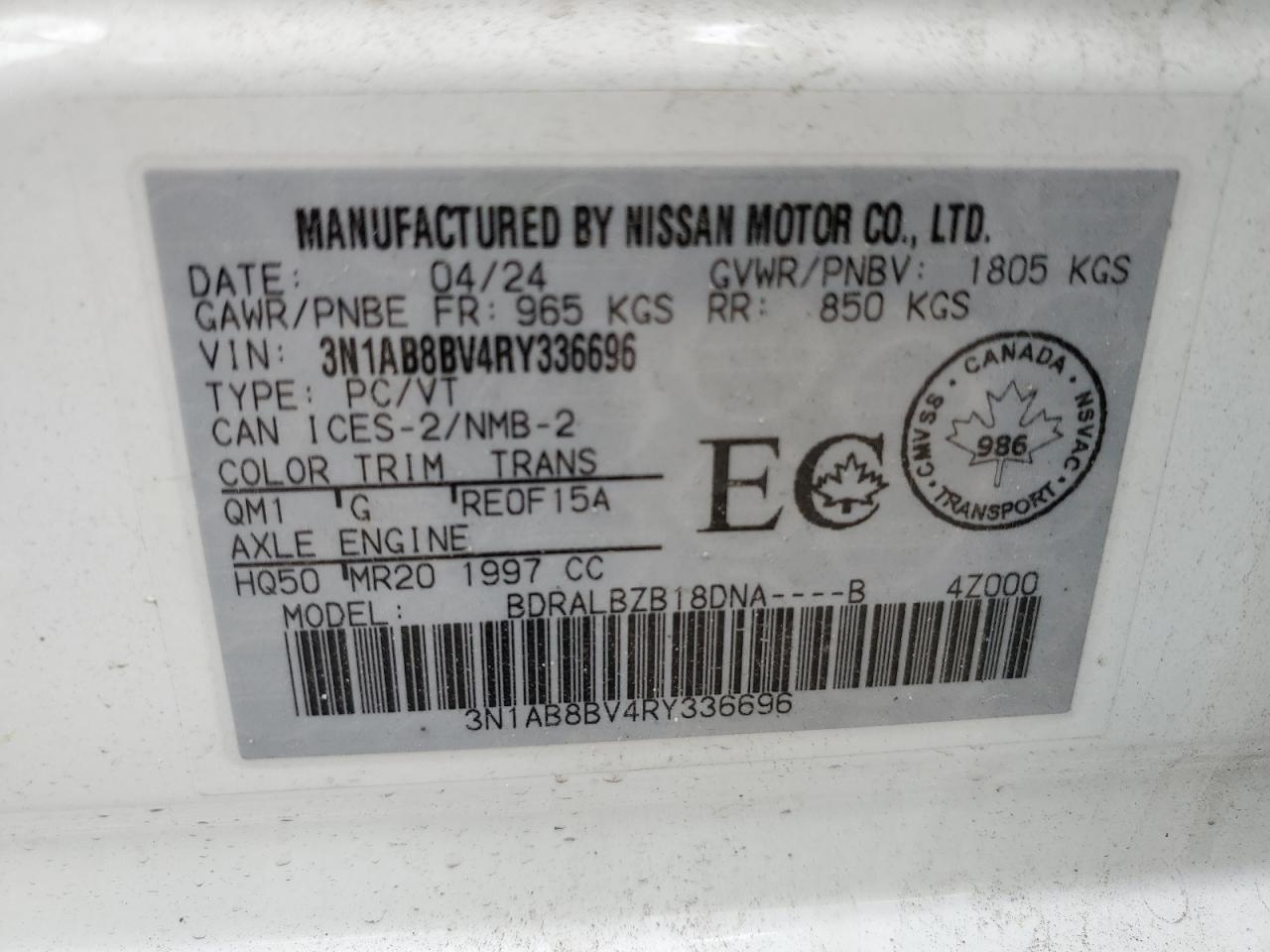2024 Nissan Sentra S VIN: 3N1AB8BV4RY336696 Lot: 65024795