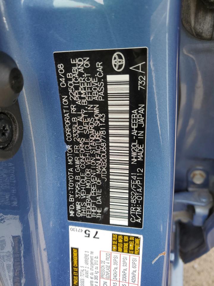 2008 Toyota Prius VIN: JTDKB20U687781143 Lot: 63790035
